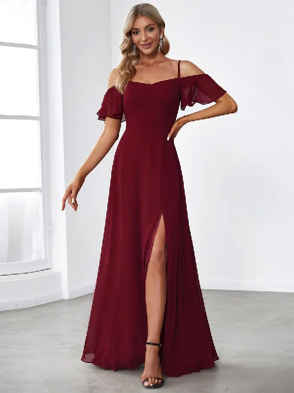 Off - the - Shoulder Women Dress for a Romantic and Feminine LookStylish Cold Shoulder Flare Sleeves Flowy Bridesmaid Dress