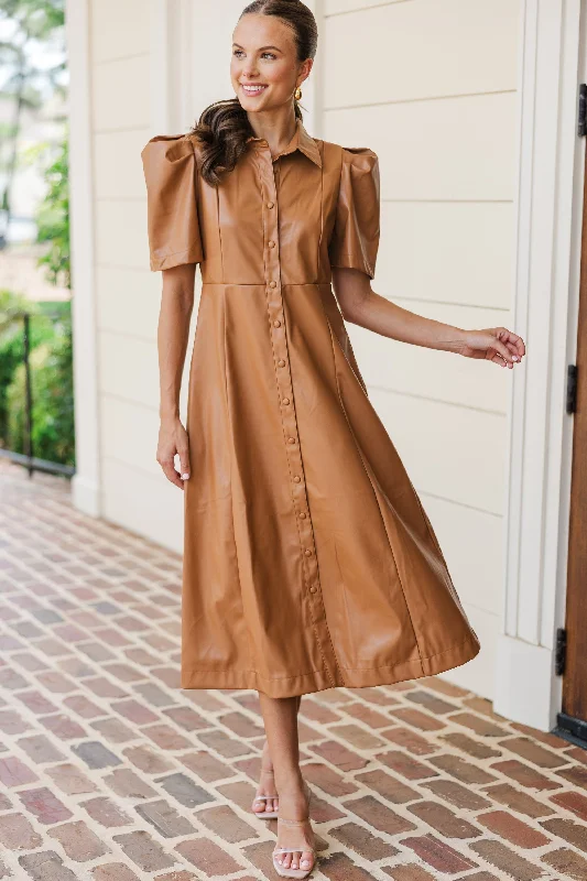 Sheath Women Dress with a Tailored Fit for a Professional LookTake It As It Is Camel Brown Faux Leather Midi Dress