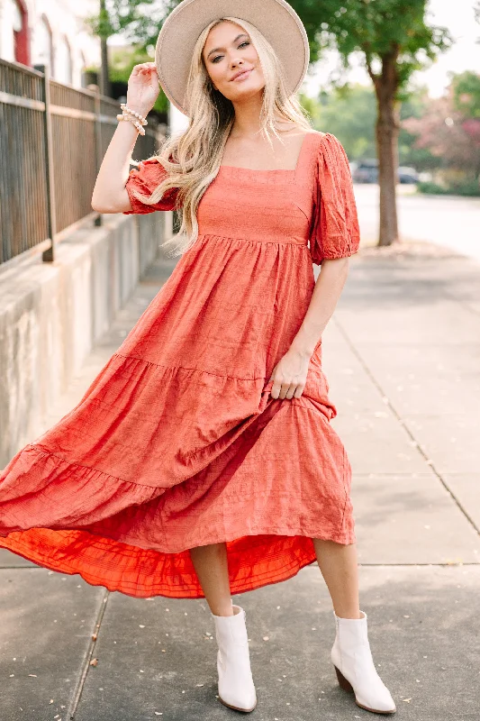 Pleated Women Dress with a Timeless and Elegant TextureThink About It Rust Orange Midi Dress