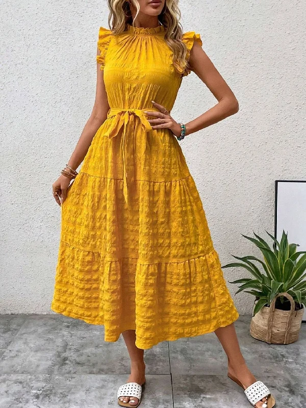 Mermaid - Style Women Dress with a Fitted Silhouette for Special OccasionsTied Ruffled Cap Sleeve Midi Dress