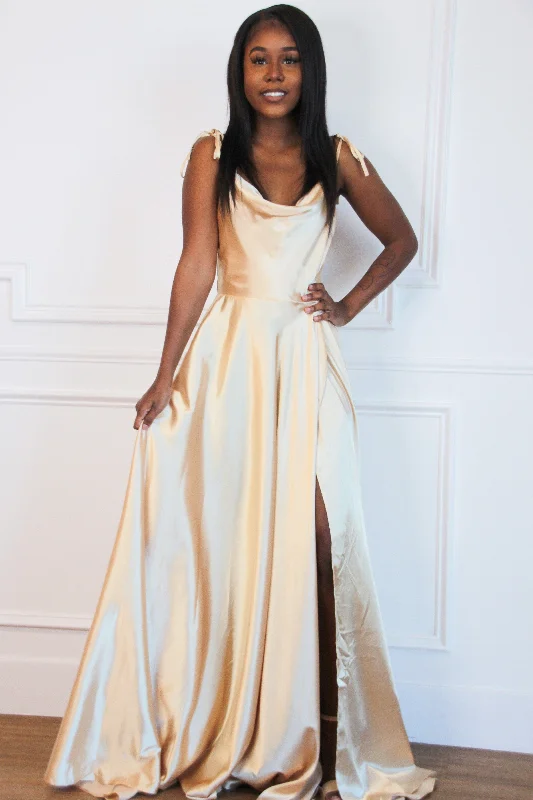 Sheath Women Dress with a Tailored Fit for a Professional LookTonight's the Night Satin Formal Dress: GOLDEN Champagne