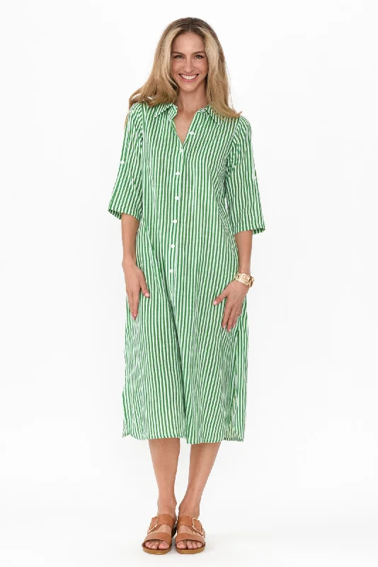 Shift Women Dress with a Simple and Classic Design for Everyday WearTricia Green Stripe Cotton Shirt Dress