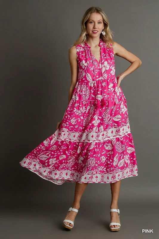 Mini Women Dress with a Short Hem for a Young and Trendy StyleTwo Tone Floral Paisley Sleeveless Midi Dress