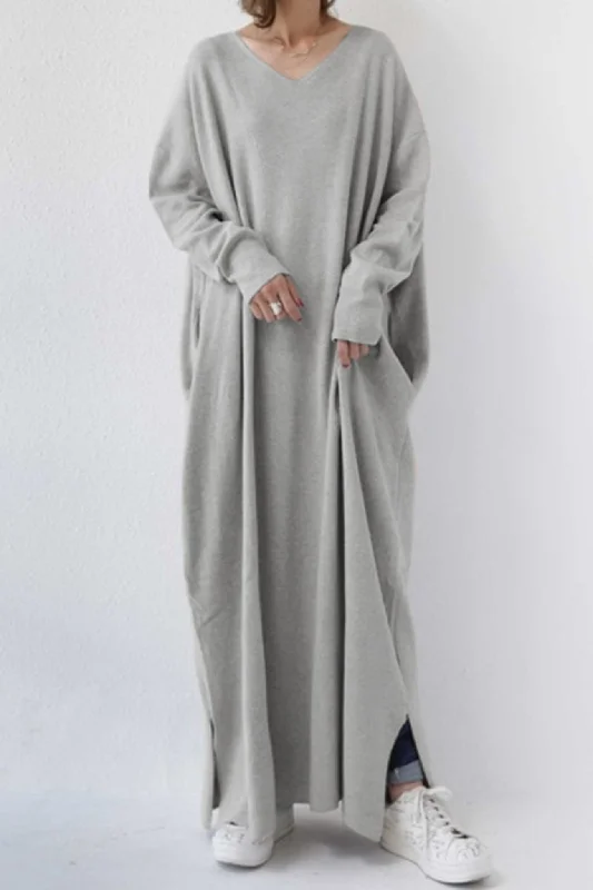 Plus Size Women Dress with a Flattering A - Line Cut for Comfort and StyleV Neck Slit Hem Sweatshirt Dress