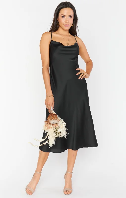 Little Black Women Dress with Sequins for a Glamorous Night OutVerona Cowl Dress ~ Black Luxe Satin