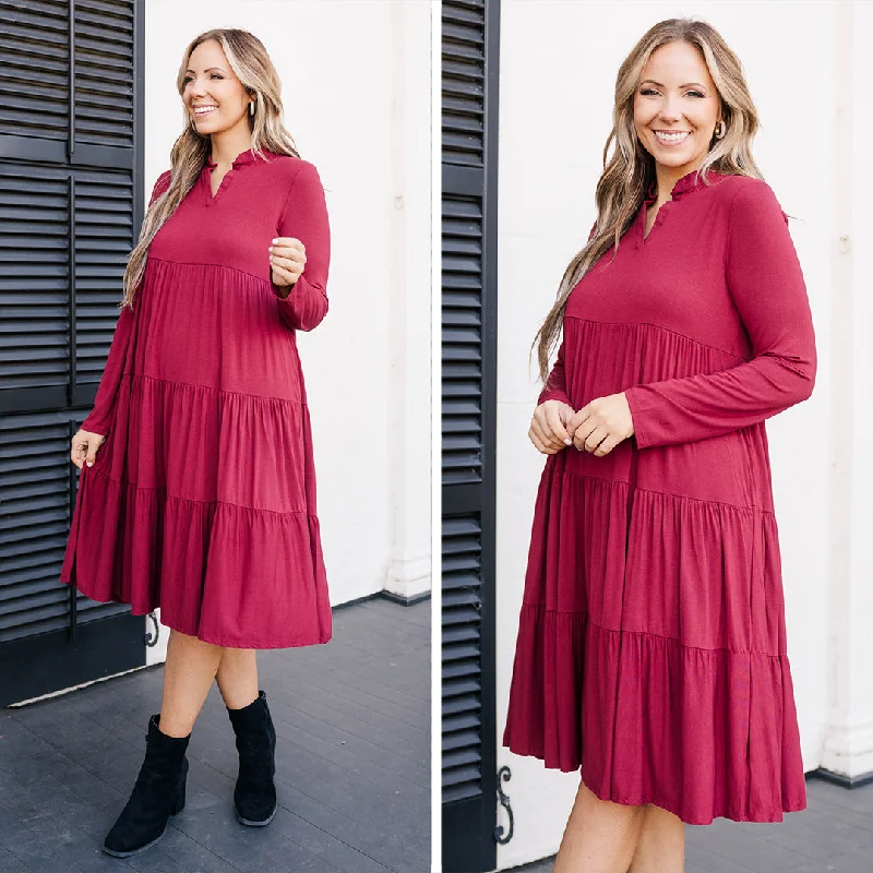 Plus Size Women Dress with a Flattering A - Line Cut for Comfort and StyleWestward Feelings Dress, Burgundy