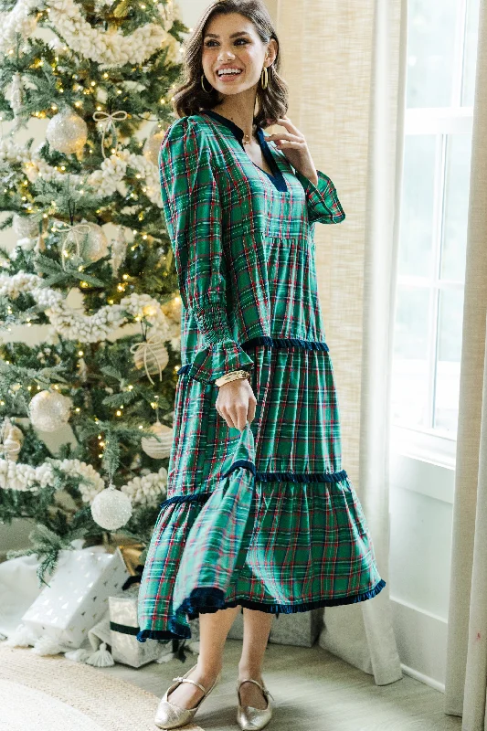 Pleated Women Dress with a Timeless and Elegant TextureWhat A Surprise Green Plaid Midi Dress