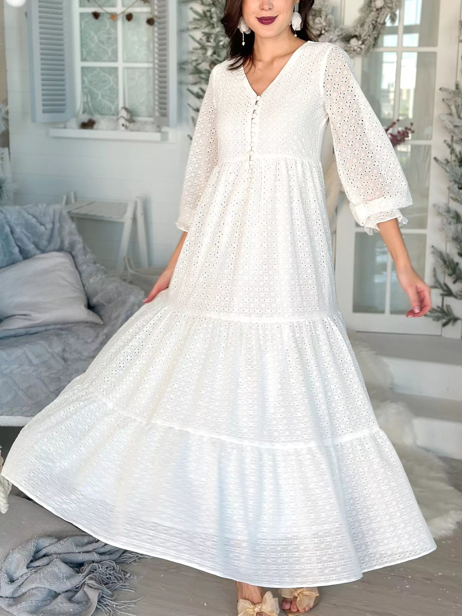 Pleated Women Dress with a Timeless and Elegant TextureWhite Cedar Cutwork Dress