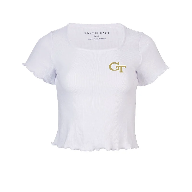 Embroidered Women T Shirt with Intricate DetailsLadies Georgia Tech Yellow Jackets Baby Rib White Short Sleeve