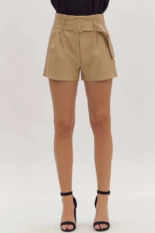 High Waist Belted Leather Short In Beige