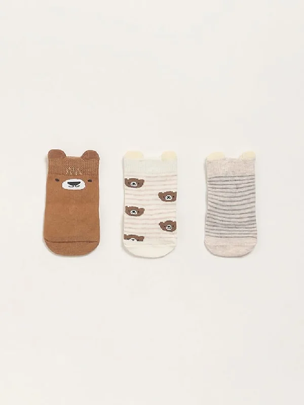 HOP Baby Brown Assorted Bear-Themed Socks - Pack of 3