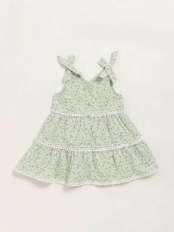 HOP Baby Green Printed Tiered Dress