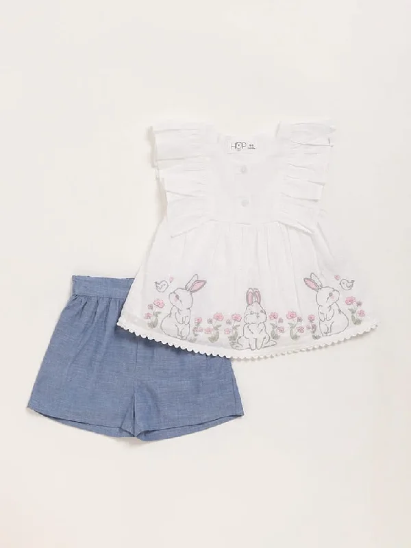 HOP Baby White Embroidered Top & Shorts Set