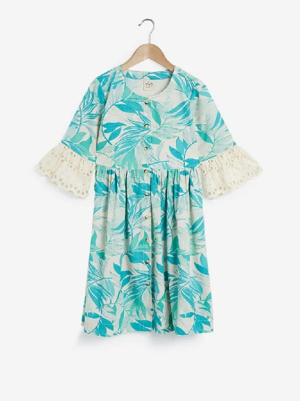 Utsa Kids Sea Green Leaf Fit-And-Flare Dress