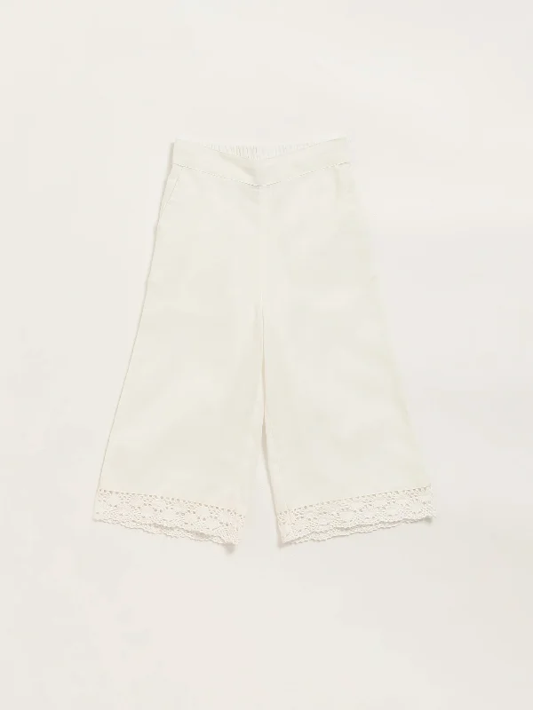 Utsa Kids White Lace-Trim Wide-Leg Palazzos (2 - 8yrs)