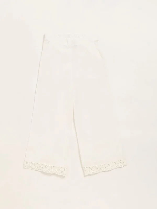 Utsa Kids White Lace-Trim Wide-Leg Palazzos (8 -14yrs)