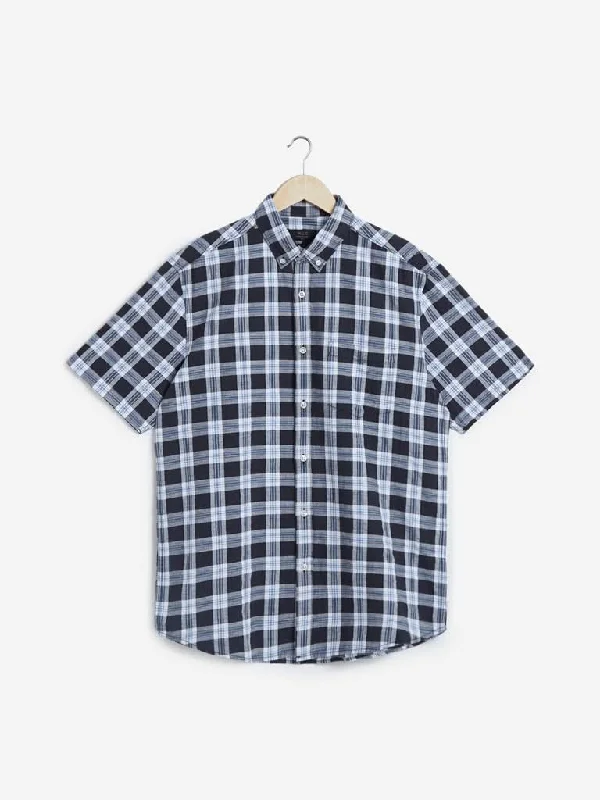 WES Casuals Navy Relaxed Fit Checkered Shirt