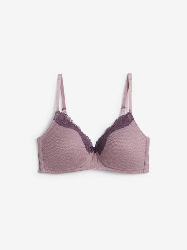 Wunderlove Pink Ribbed Lace-Detailed Padded Bra