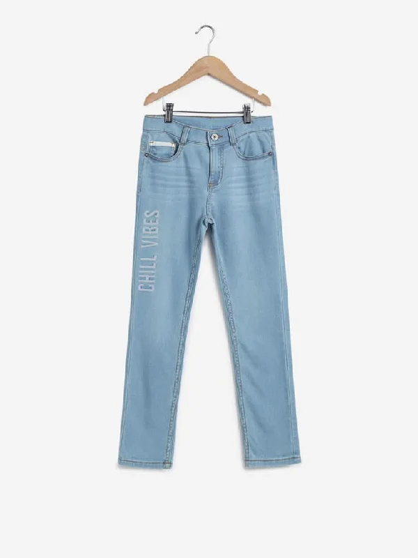 Y&F Kids Light Blue Text Printed Skinny Jeans