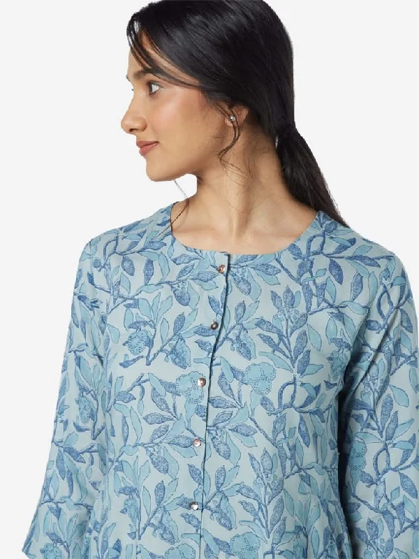 Zuba Blue Floral Pattern Fit-And-Flare Kurta